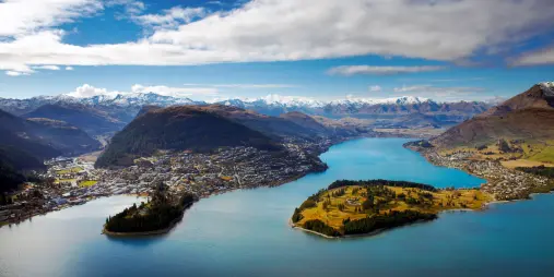 Panoramic view of Lake Wakatipu and Frankton from Cecil Peak in Queenstown