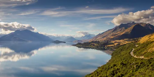 Lake Wakatipu and the road to Paradise seen from Bennetts Bluff Viewpoint in Queenstown