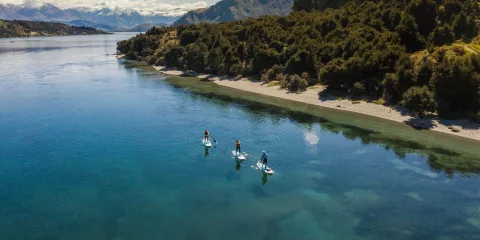 Paddle boarders gliding on calm waters near the Lake Wanaka shoreline
