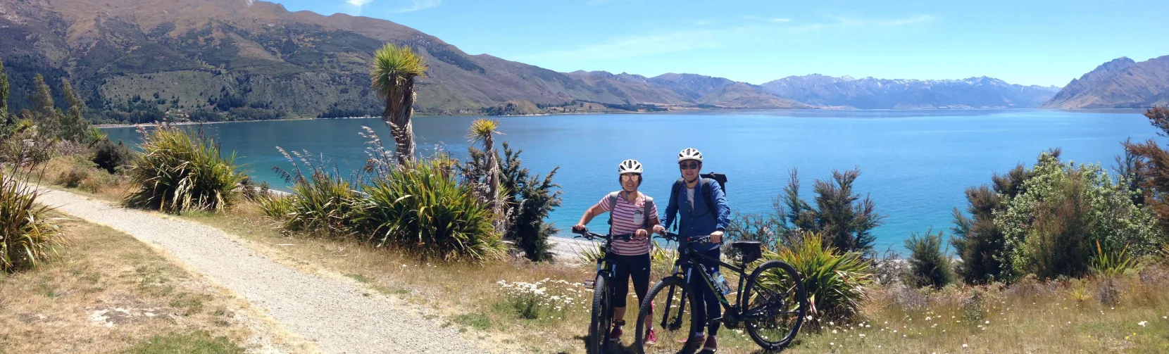 Two cyclists overlooking Lake Hawea with mountains in background