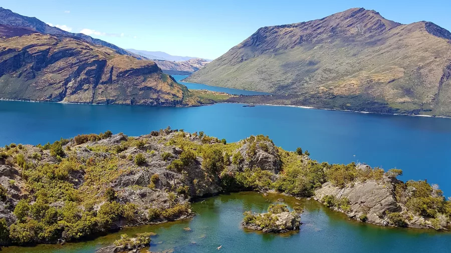 Panoramic view from Mou Waho Island with Arethusa Pool and Lake Wanaka in the background