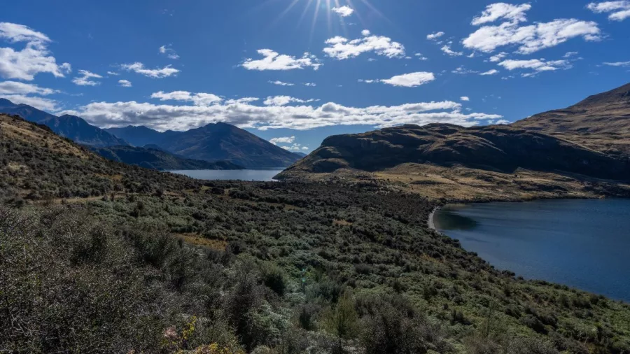 Panoramic view of trail along western shore of Stevenson’s Arm