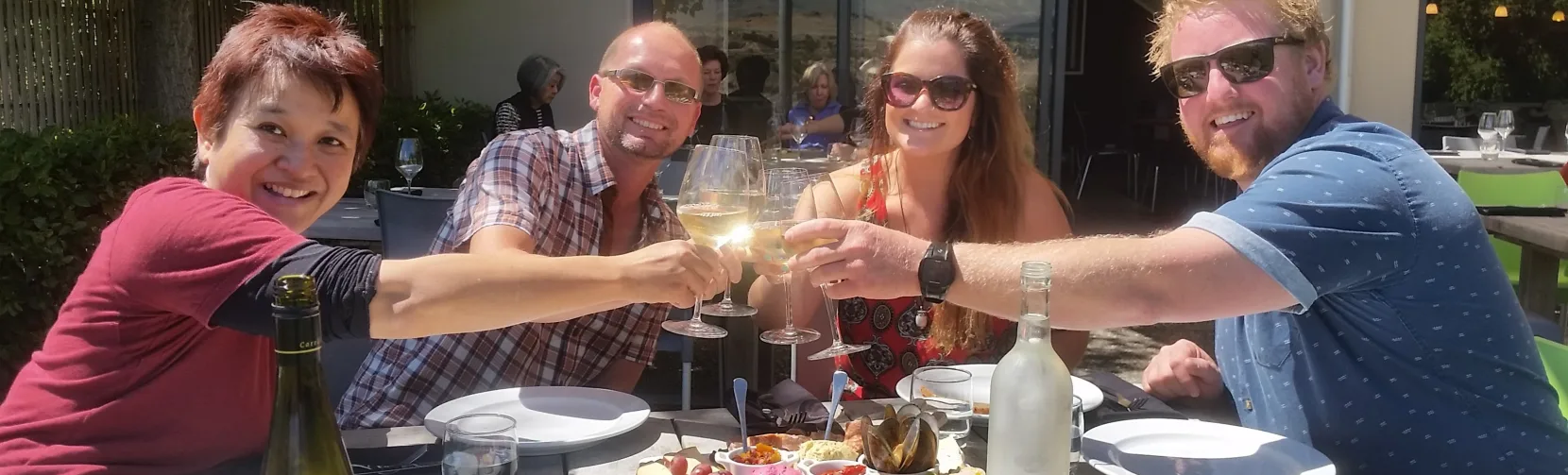 A cheerful group toasts glasses of white wine over a vineyard lunch spread on a sunny afternoon in Wanaka.