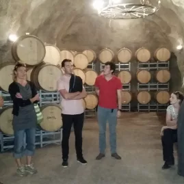 Guests exploring an underground wine cellar lined with oak barrels on a private Wanaka wine tour.