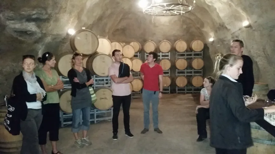 Guests exploring an underground wine cellar lined with oak barrels on a private Wanaka wine tour.