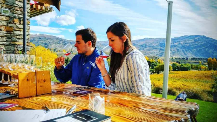 Couple enjoying a wine tasting with panoramic vineyard views in Central Otago during a private wine tour.