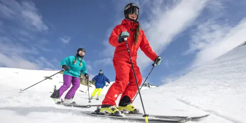 Ski instructor leading group at Cardrona Alpine Resort in the Crown Range, Otago