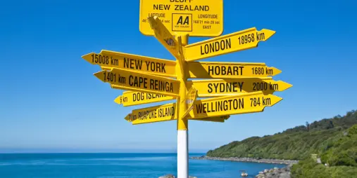 Famous Stirling Point signpost in Bluff, Southland, New Zealand showing distances to cities around the world