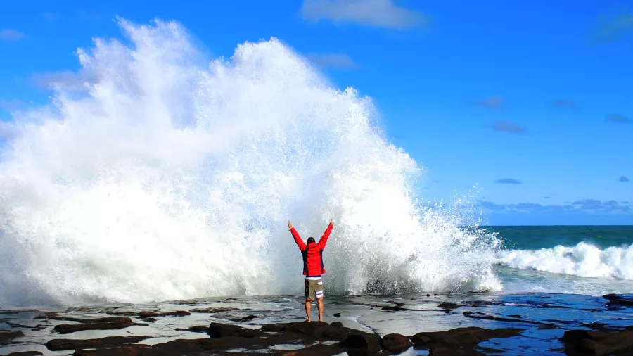 Person in red jacket raising arms as a massive wave crashes onto the rocky shoreline at Curio Bay in the Catlins, Southland, New Zealand