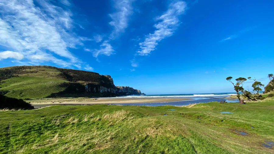 Scenic coastal landscape at Purakaunui Bay in The Catlins, Southland, New Zealand