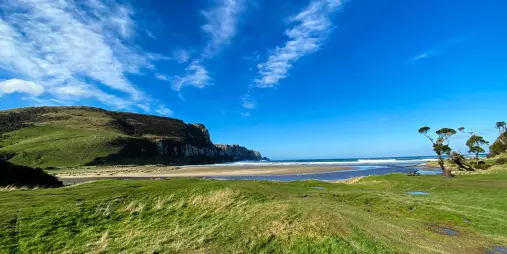Scenic coastal landscape at Purakaunui Bay in The Catlins, Southland, New Zealand