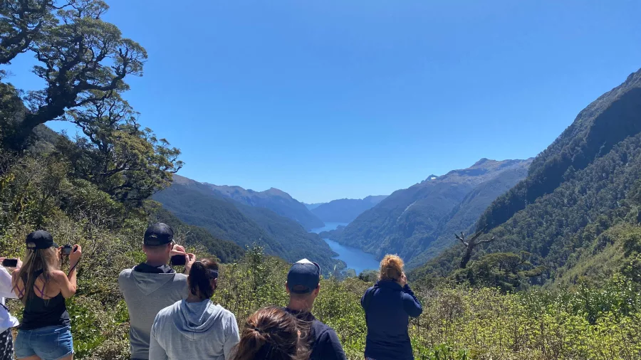 Travellers admiring the scenic view of Doubtful Sound from Wilmot Pass in Southland, New Zealand