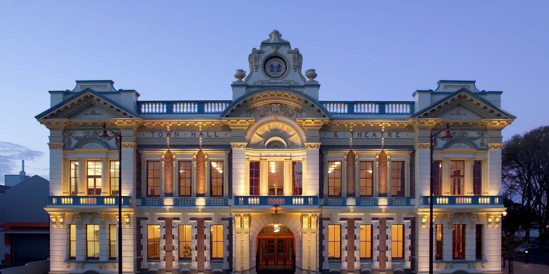 Invercargill Civic Theatre illuminated at dusk
