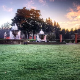 Fountains at sunrise in Queens Park, Invercargill, Southland New Zealand