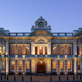 Invercargill Civic Theatre illuminated at dusk
