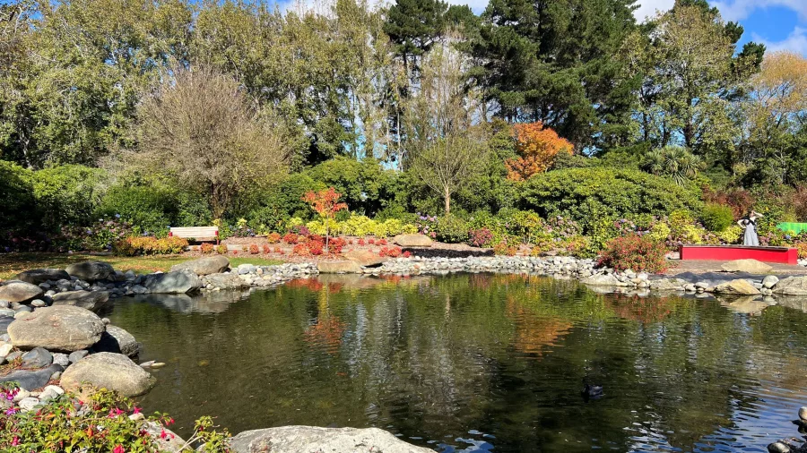 Queens Park garden pond and native trees in Invercargill