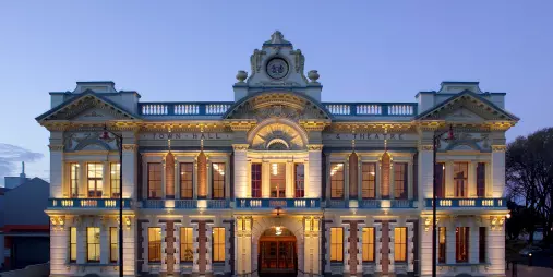 Invercargill Civic Theatre illuminated at dusk