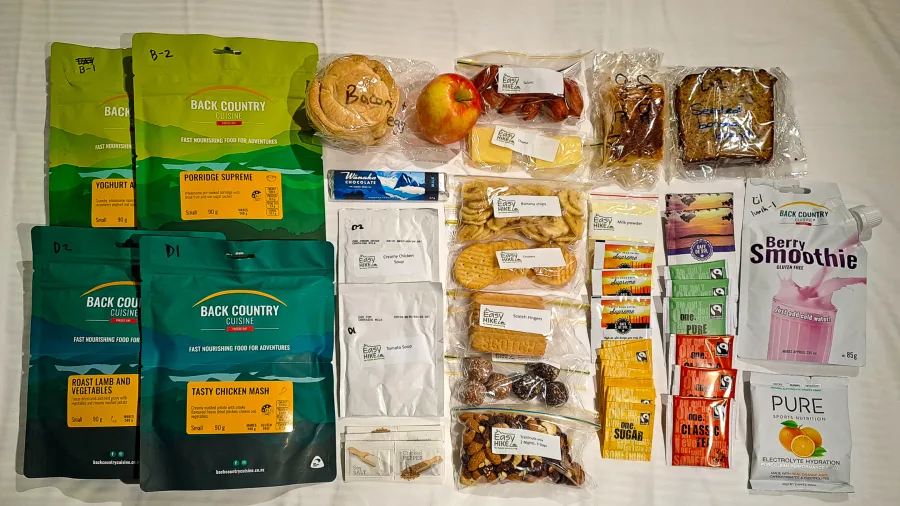 Tramping food supplies prepared for Kepler Track in Southland, New Zealand