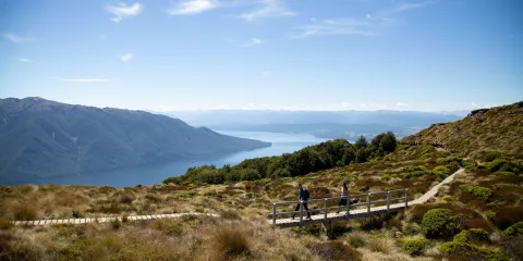Hikers on a boardwalk overlooking Lake Te Anau on the Kepler Track, Southland, New Zealand
