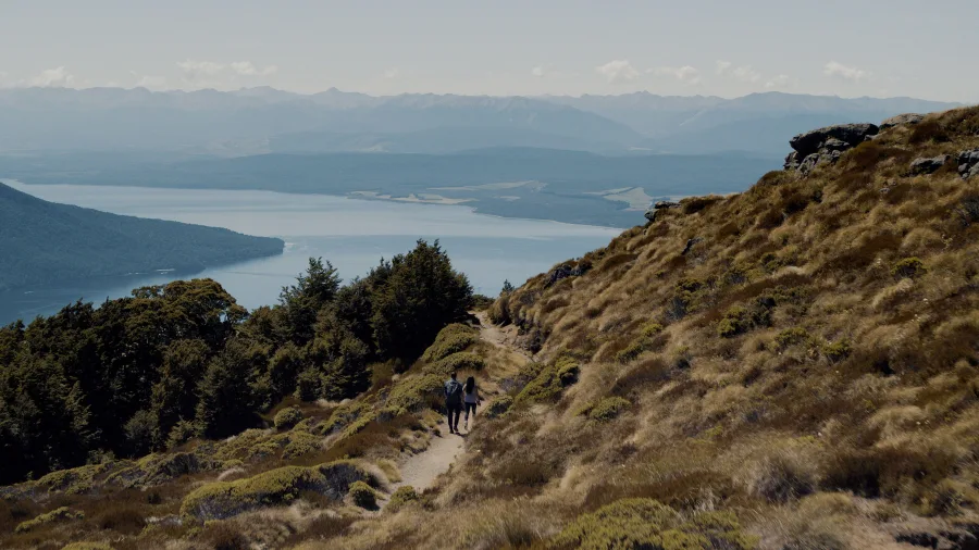 Hikers on an alpine section of the Kepler Track with Lake Te Anau views, Southland, New Zealand