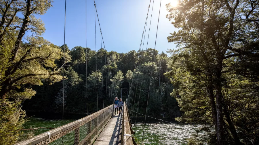 Hikers crossing the swing bridge over the Waiau River on the Kepler Track, Southland, New Zealand