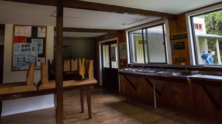 Kitchen and common area in Luxmore Hut on the Kepler Track, Southland, New Zealand