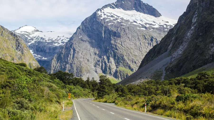 Snow-capped mountains above Milford Road near Homer Tunnel in Southland, New Zealand