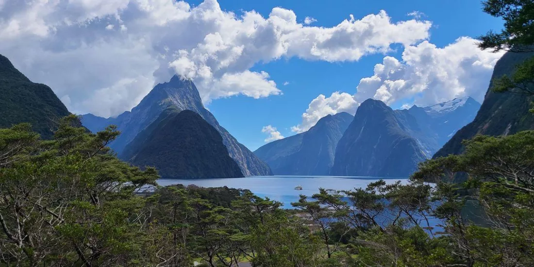 View of Mitre Peak from scenic lookout at Milford Sound Piopiotahi, Fiordland National Park, New Zealand