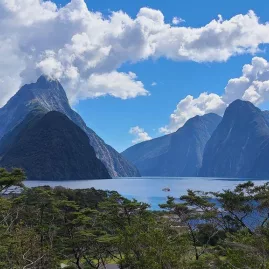 View of Mitre Peak from scenic lookout at Milford Sound Piopiotahi, Fiordland National Park, New Zealand