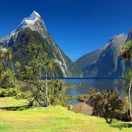 Mitre Peak on a clear day at Milford Sound Piopiotahi, Fiordland National Park, New Zealand