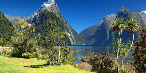 Mitre Peak on a clear day at Milford Sound Piopiotahi, Fiordland National Park, New Zealand