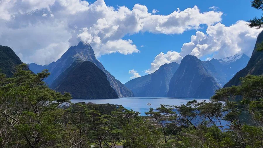 View of Mitre Peak from scenic lookout at Milford Sound Piopiotahi, Fiordland National Park, New Zealand