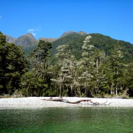 Lake and mountain scenery along the Milford Track, Southland New Zealand