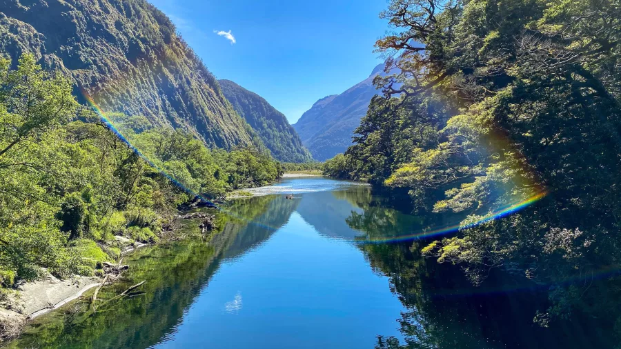 Rainbow over the Arthur River on the Milford Track in Fiordland National Park, New Zealand