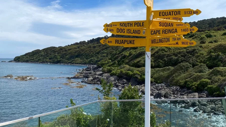 Directional signpost at Bluff, New Zealand, showing distances to global and local landmarks.