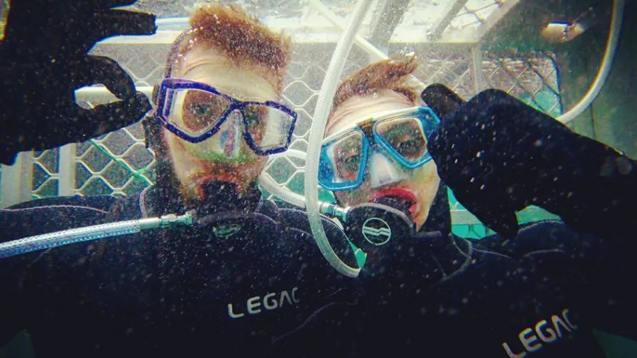 Two divers pose inside a shark cage during a great white shark tour in New Zealand