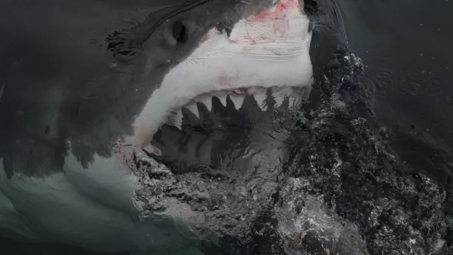 Great white shark surfacing with mouth open near Northern Titi Islands, New Zealand