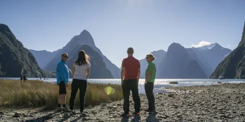 Group enjoying sunshine and views on the shoreline of Milford Sound.