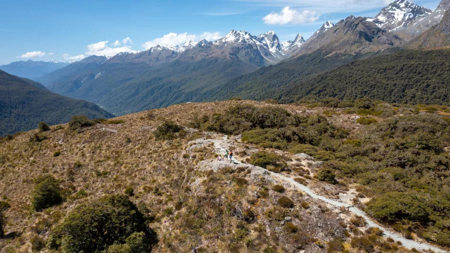 Hikers standing at Key Summit with views over Hollyford Valley on the Routeburn Track.