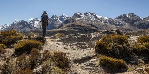 Solo hiker standing at Key Summit on the Routeburn Track with panoramic mountain views.