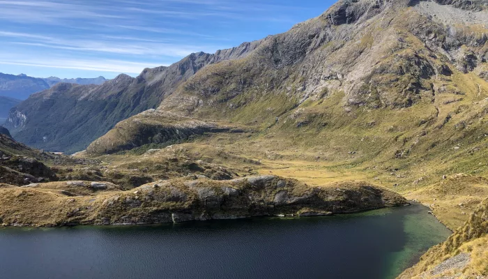 Rugged mountain slopes above Lake Harris on the Routeburn Track, New Zealand