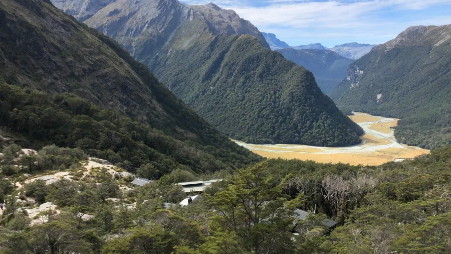 Routeburn Flats viewed from the climb to Harris Saddle, Routeburn Track, New Zealand