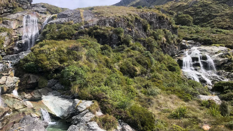 Cascading waterfalls above Lake Mackenzie, Routeburn Track, Fiordland National Park