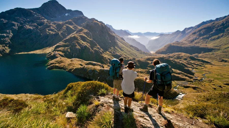 Hikers overlooking Lake Harris on the Routeburn Track