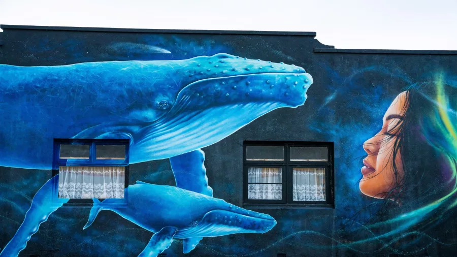 South Sea Spray mural of whales and wahine in Riverton, Southland