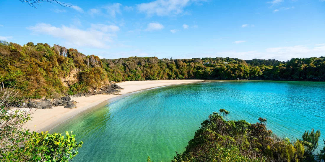 Pristine turquoise waters at Bathing Beach, Stewart Island Rakiura