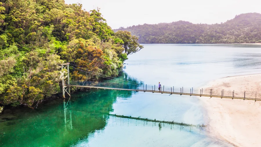 Suspension bridge over Paterson Inlet on the Rakiura Track, Stewart Island
