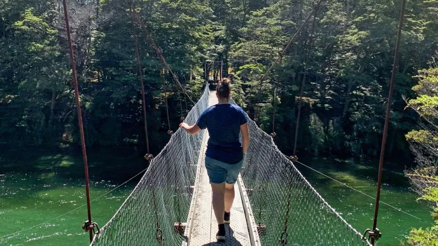 Mavora Lakes swingbridge over the Mararoa River, Southland New Zealand