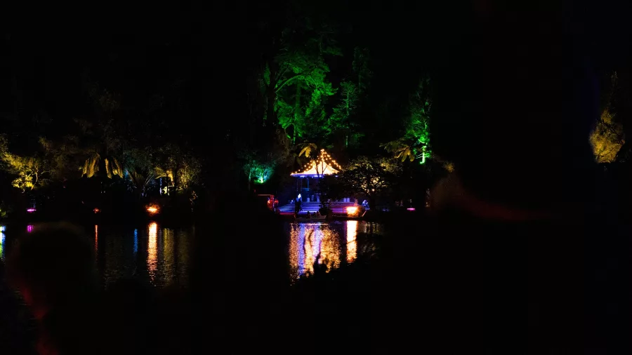 Night-time light display reflecting on the lake at TSB Festival of Lights in Pukekura Park