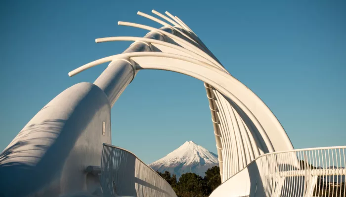 Te Rewa Rewa Bridge with Mount Taranaki framed in the distance